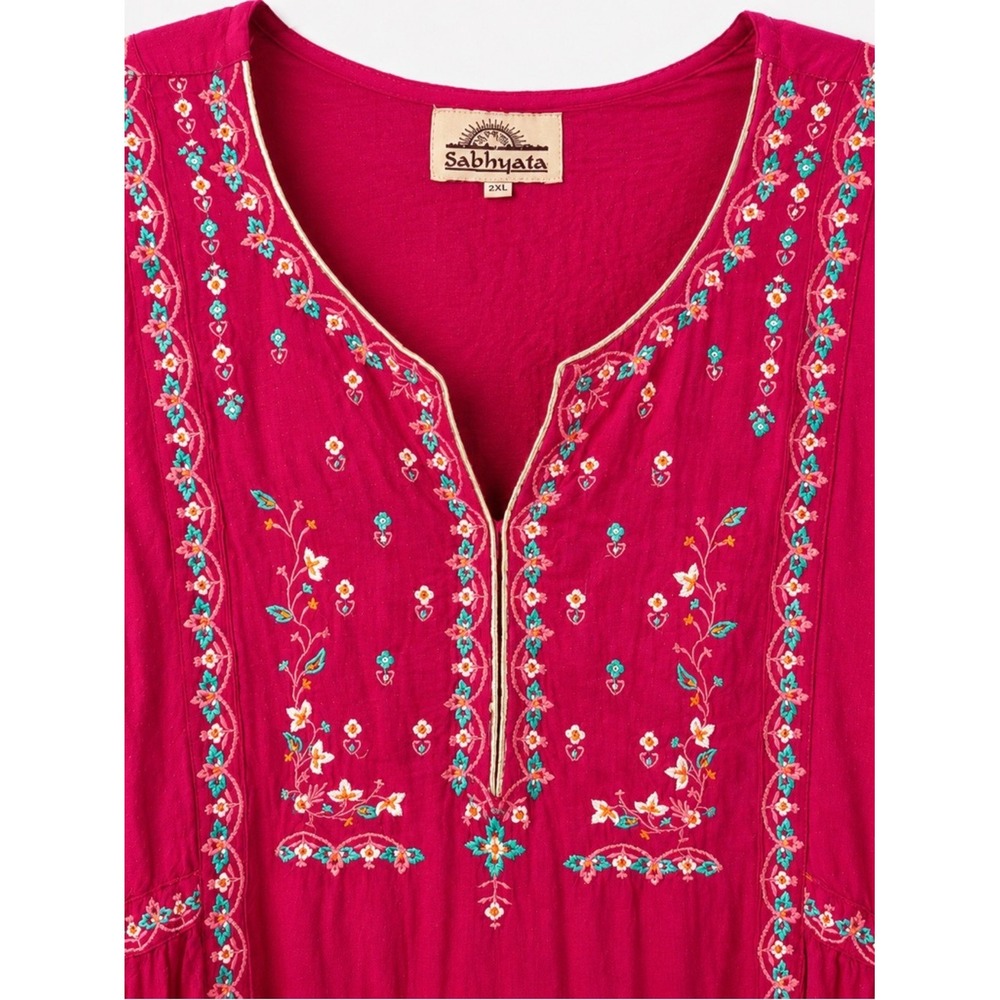 Sabhyata Magenta Pink Embroidered Boho Tunic Dress 2XL Floral Tassel Tie Back - Picture 3 of 5